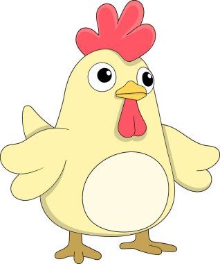 Yüzünde masum bir ifade olan tombul bir horozun komik karalama maskotu..