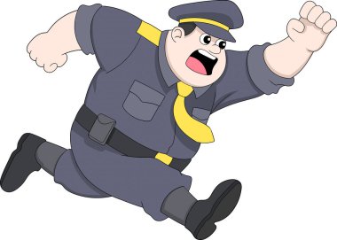 Abartılı ifadeler ve komik vücut diliyle koşmaya çalışan kilolu bir polis memurunun komik vektör çizimi.