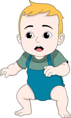 Sarı saçlı, ayağa kalkmaya çalışan, yeşil tişörtlü ve mavi tulumlu bir bebeğin şirin çizgi film vektörü..