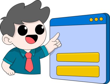 Uygulamanın kullanılabilirliğini arttırmak için kullanıcı arayüzü tasarımını açıklayan bir erkek çalışanın profesyonel vektör çizimi