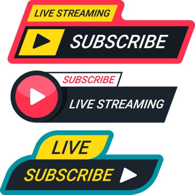 Modern ve renkli canlı yayın ve abonelik düğmeleri, video içeriği, çevrimiçi yayın düzeni ve dijital medya örtüşmeleri için ideal