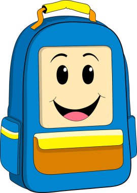 Gülümseyen okul çantası karakterinin karikatür çizimi okul heyecanı ve eğitimini simgeliyor.