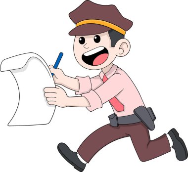 Elinde not defteri olan, kolluk kuvvetlerini sembolize eden ya da trafik cezası kesen bir polisin çizgi film karalaması..
