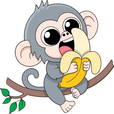 Muz yerken ağaç dalında oturan mutlu bir maymunun çizgi film karalaması..