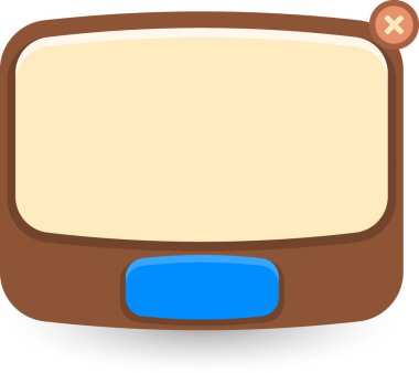 Bej arkaplanı, mavi düğmesi ve sağ üst köşesinde yakın simgesi olan basit bir çizgi film tarzı mesaj kutusu tasviri.