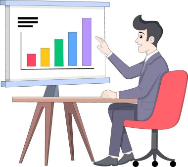 Bir ofis çalışanının büyük bir grafik üzerinde pazar verilerini analiz edişinin tasviri. Profesyonel kişi veri eğilimleri ve iş performansına odaklanmıştır