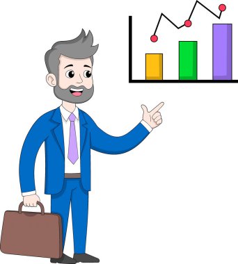 Bir adamın yükselen bir eğilimle, iş büyümesini, finansal başarıyı ve olumlu performans analizini sembolize ederek bir bar tablosunu işaret etmesi.
