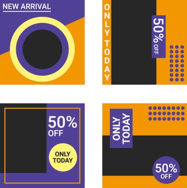 Cesur tipografi, indirimli etiketler ve mor, turuncu ve sarı renkli modern geometrik şekiller içeren renkli reklam afiş şablonları koleksiyonu