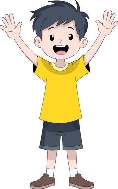 Bir çocuk heyecanla elini kaldırarak tatilini kutluyor..