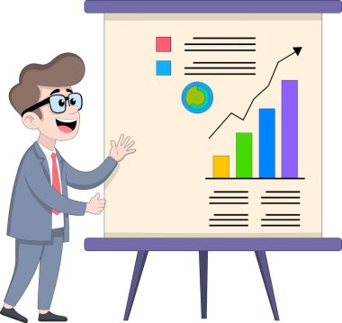 Takım elbiseli gülümseyen bir iş adamının çizim çizelgesinde iş verilerini sunuşunun karikatürü. Grafikte renkli çubuk grafikleri yer alıyor