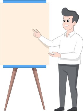 Resmi giyinmiş gülümseyen bir iş adamının karikatür çizimi boş bir tabloyu işaret ediyor.