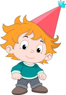 Renkli bir doğum günü şapkası takan ve doğum günü partisine katılmaya hazır bir çocuğun komik karikatür çizimi..