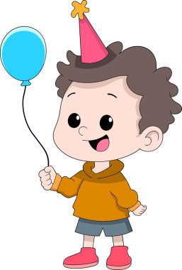 Renkli bir parti şapkası takan ve elinde mavi bir balon tutan mutlu bir gencin neşeli çizgi film çizimi..