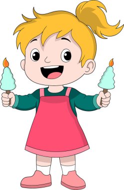 İki elinde birer tane doğum günü mumuyla gülümseyen bir kızın renkli karikatür çizimi.