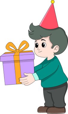Karikatür stili bir çocuğun hediye paketini taşıyan vektör çizimi..