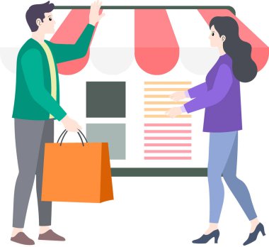 Teslimat kuryesinin bir müşteriye çevrimiçi alışveriş paketi teslim edişinin vektör çizimi