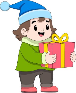 Paketli bir hediye taşıyan neşeli tombul bir çocuğun vektör çizimi, bir arkadaşı kutlamak için sürpriz bir hediye getiriyor.