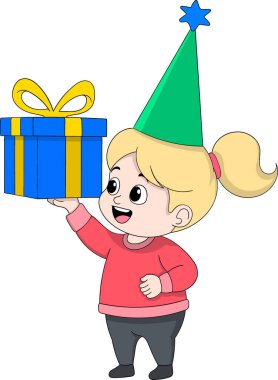 Mutlu bir şekilde doğum günü hediyesini tutan gülümseyen genç bir kızın vektör çizimi.