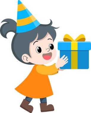 Mutlu bir yüzü olan, hediye paketine sarılmış neşeli küçük bir kızın vektör çizimi.