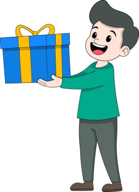 Büyük bir hediye kutusu tutan bir adamın vektör çizimi, kız arkadaşına doğum günü hediyesi getiriyor.