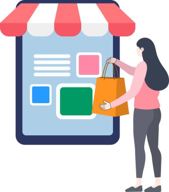 Mağaza vitrini gibi tasarlanmış akıllı telefon arayüzü üzerinden alışveriş yapan bir kadının vektör çizimi