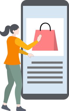 Geniş akıllı telefon arayüzü kullanan bir kadının düz stil vektör çizimi. 