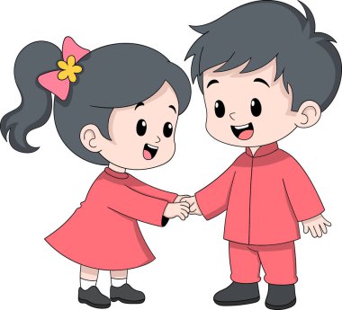 Kırmızı geleneksel Çin tarzı giyinmiş, mutlu bir şekilde el ele tutuşan genç bir kız ve erkek çocuk çizimi..