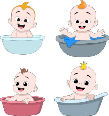 Renkli küvetler içinde mutlu bir şekilde yıkanan sevimli çizgi film karakterlerinin vektör çizimleri..