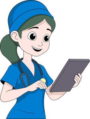 Dijital tabletteki hasta kayıtlarını incelerken mavi önlük, cerrahi başlık ve steteskop takan kadın cerrahın karikatür tarzı çizimi.