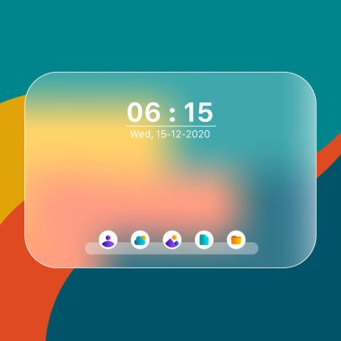 Modern cam morfizm kullanıcı arayüzü paneli yarı şeffaf buzlu cam efekti ile tarih ve zamanı gösterir.