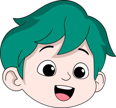 Yeşil saçlı, büyük gözlü ve gülümseyen ağzı olan mutlu bir çocuğun şirin çizgi film çizimi.