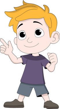 Neşeli, sarışın bir çocuğun tek eliyle gülümseyen ve işaret eden bir çizgi film çizimi.