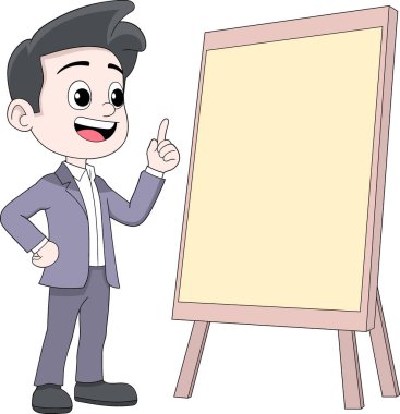 Takım elbise giyen ve boş bir sunum tahtasını işaret eden bir karikatür işadamının vektör çizimi.