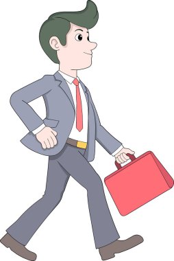 Kırmızı bir çantayla yürüyen kendine güvenen bir iş adamının vektör çizimi.