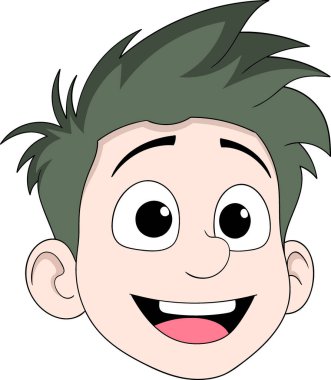 Mutlu çizgi film çocuğu yüzü, büyük anlamlı gözleri, dikenli yeşil saçları ve parlak bir gülümsemesi var.