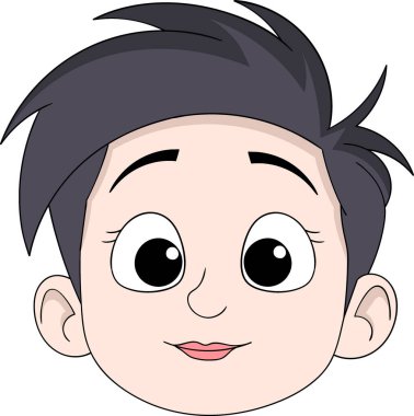 Büyük gözleri, yumuşak gülüşü ve dikenli siyah saçları olan sevimli çizgi film kızı yüzü..