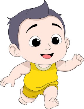 Sevimli çizgi film çocuğu, siyah saçlı, sarı elbiseli, neşeli bir şekilde koşuyor.