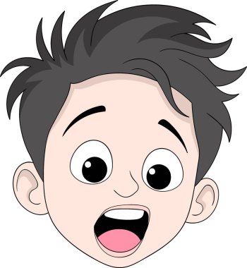 Çizgi filmci çocuk yüzü, dikenli siyah saçlar, şaşkın ya da heyecanlı açık ağızlı bir ifade..