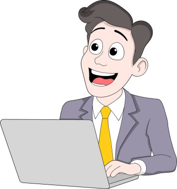 Modern bir ofiste ya da uzak çalışma ortamında müşteri hizmetleri desteği sağlayan, dizüstü bilgisayarda çalışan gülümseyen bir iş adamının karikatür çizimi.