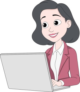 Profesyonel bir HR yöneticisinin vektör karikatürü ya da spor ceketli bir ofis çalışanı, dizüstü bilgisayarla çalışırken gülümsüyor.