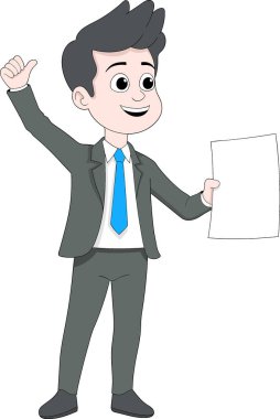 Gri takım elbiseli ve mavi kravatlı neşeli ve kendine güvenen bir iş adamının, elinde boş bir belge tutarken, başarılı ya da onaylanmış bir vergi raporunu temsil eden, iyi niyetli bir çizgi film çizimi.