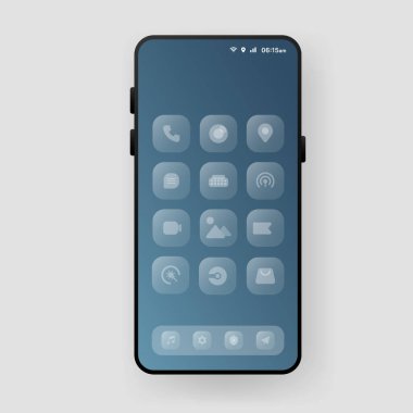 Minimalist akıllı telefon ekranı arayüzü yuvarlak simge düğmeleri ile şeffaf bir uygulama çekmece menüsü görüntülüyor