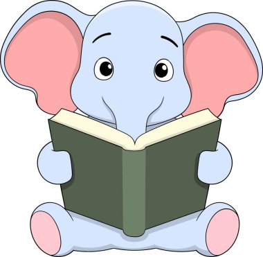 Sevimli açık mavi çizgi film karakteri. Büyük pembe kulakları var. Oturmuş kitap okuyor.