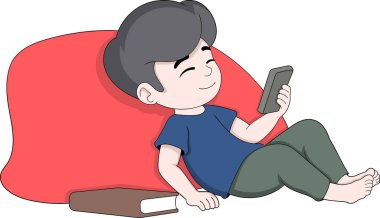 Yanında bir kitapla akıllı telefon kullanırken gülümseyen rahat bir çocuğun vektör karikatürü.