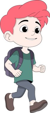 Pembe saçlı, sıradan kıyafetler giyen ve sırt çantası takan enerjik bir şekilde yürüyen mutlu çizgi film çocuğunun vektör çizimi.