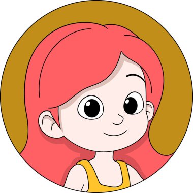 Sosyal medya kullanımı için bir avatar ya da profil resmi olarak tasarlanmış, dairesel çerçevede kızıl saçlı şirin bir çizgi film kızının vektör çizimi