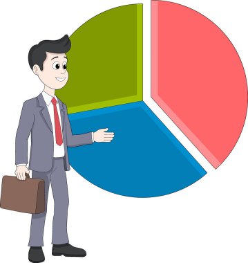 Elinde evrak çantası olan ve renkli bir 3 boyutlu pasta grafiğini gösteren takım elbiseli bir karikatür işadamının vektör çizimi.
