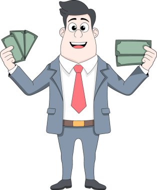 Mavi takım elbiseli ve kırmızı kravatlı neşeli bir karikatür işadamının vektör çizimi.