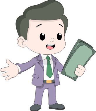 Takım elbiseli, kravatlı, gülümseyen ve elinde bir tomar parayla el kol hareketi yapan genç ve şirin bir iş adamının vektör çizimi.