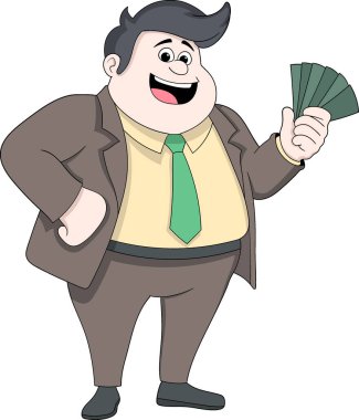 Takım elbise ve kravat takan, gülümseyen ve elinde para yelpazesi tutan neşeli bir karikatür işadamının vektör çizimi.